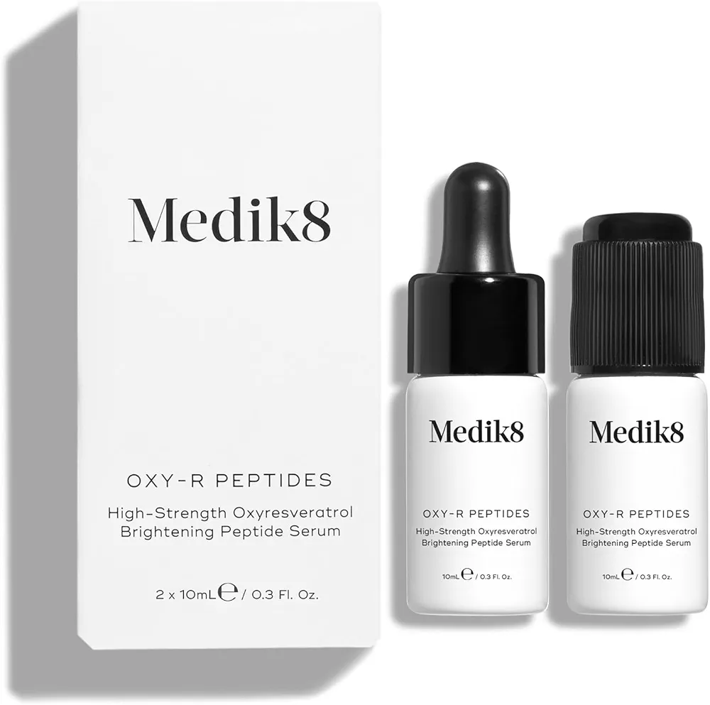 Medik8 Oxy-R Peptides – Sérum de peptide éclaircissant haute résistance 1% Oxyresvératrol avec acide hyaluronique – Éclaircit les taches brunes et la décoloration – 2 x 10 ml