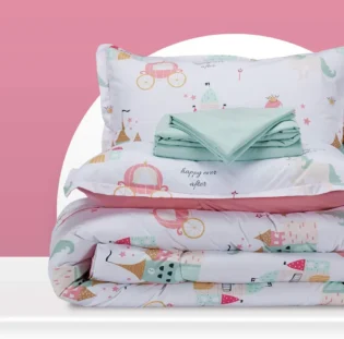 SLEEP ZONE Parure de lit 7 pièces en Microfibre Ultra Douce avec Couvre-oreillers pour Enfants, Facile d'entretien, château de Princesse pour Filles, Rose, lit Double/Grand lit
