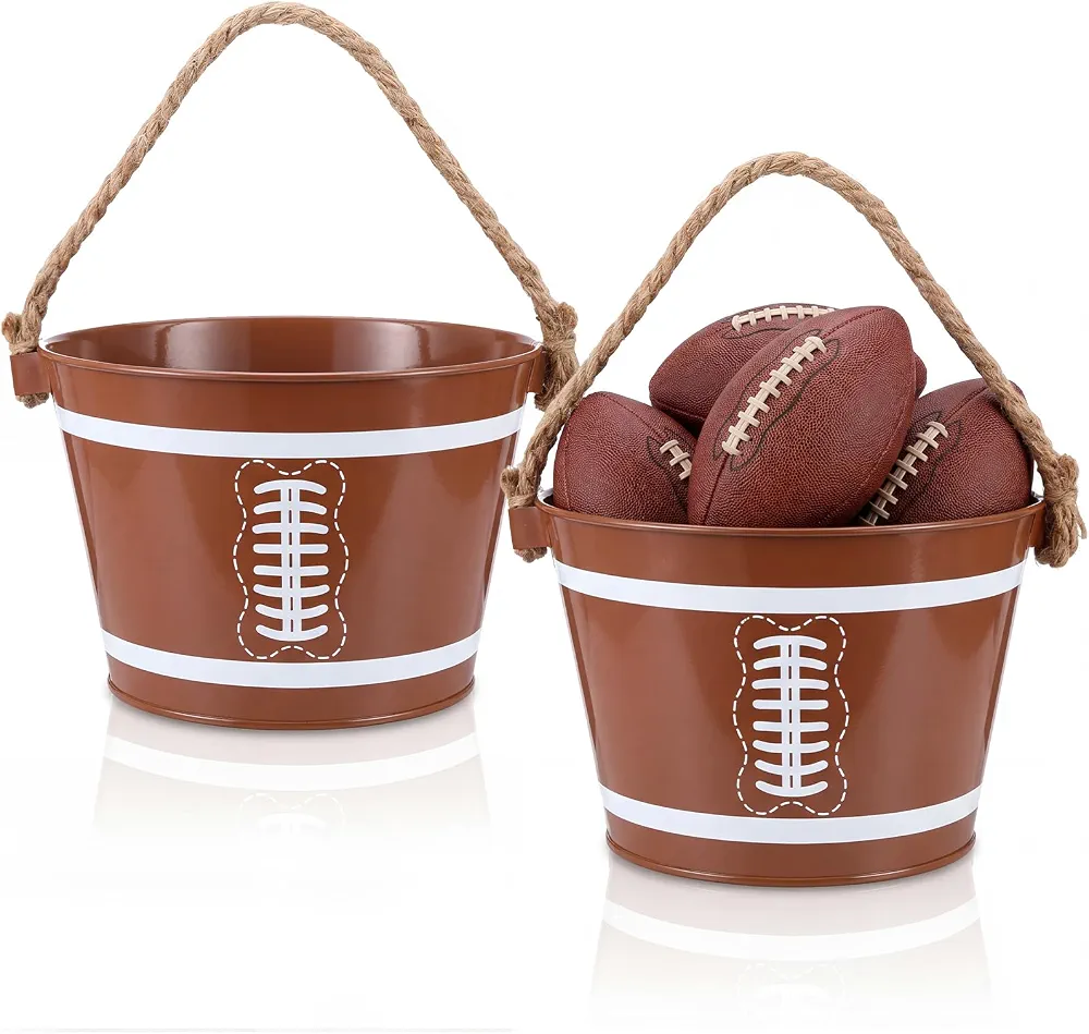 Honeydak 2 Pack 8 x 5.5 Inch Football Galvanized Metal Bucket Football Party Decorations Metal Bucket with Sturdy Rope Handle for Rugby Sporting Events Games Party Favors Supplies