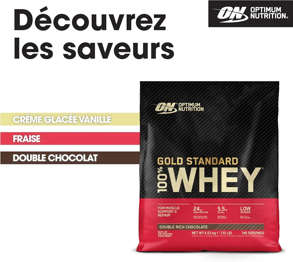 Optimum Nutrition Gold Standard 100% Whey Protéine en Poudre, 4,53 kg | Double Rich Chocolate, 146 Portions, 24g de Protéines,BCAA,Soutient la Croissance et la Récupération Musculaires