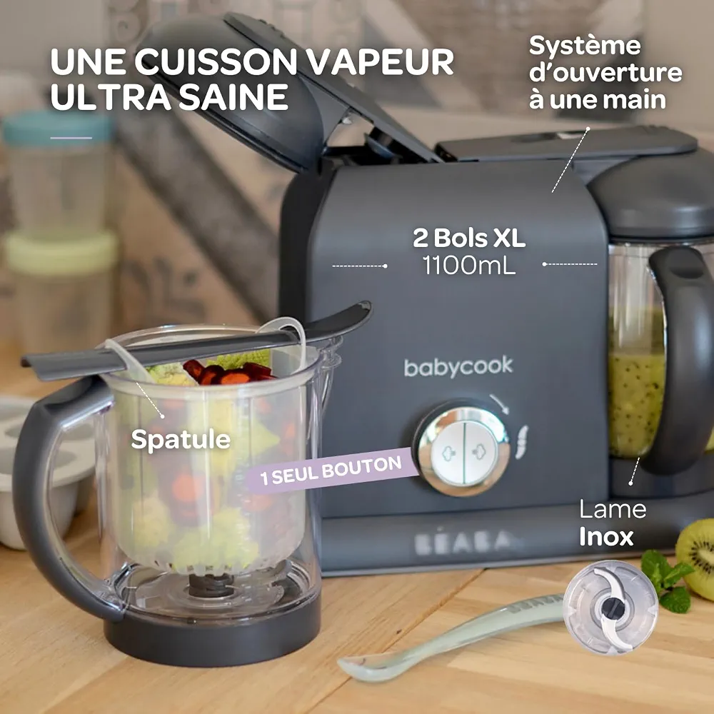 BÉABA, Babycook Duo, Robot Bébé 4 en 1 Mixeur-Cuiseur, Cuisson Vapeur rapide 15min, Diversification alimentaire, Petits pots bébé maison, Contenance XXL 2200 ml, Dark Grey