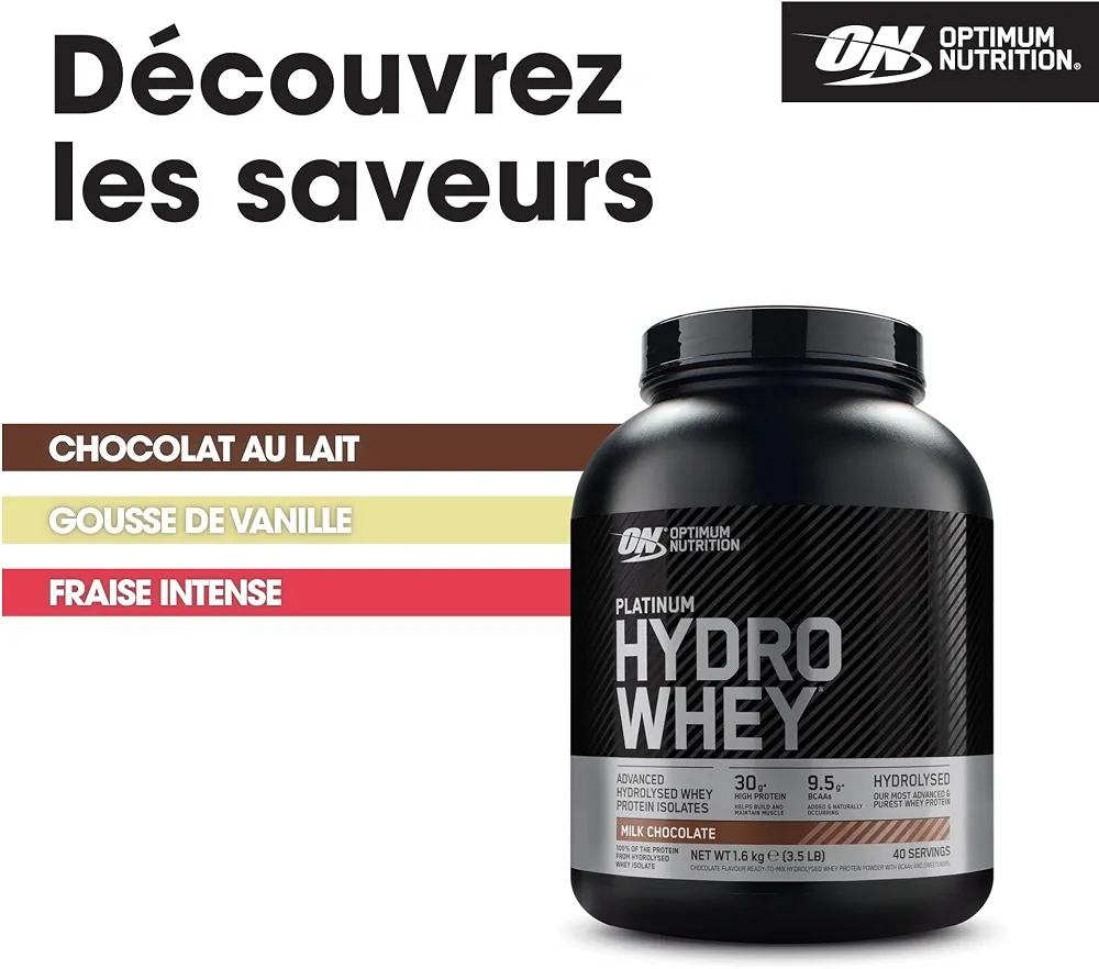 Optimum Nutrition Platinum Hydro Whey, Isolat de whey protéine hydrolysée en poudre avec acides aminés essentiels, glutamine et BCAA, goût Chocolat au lait, 40 portions, 1,6 kg