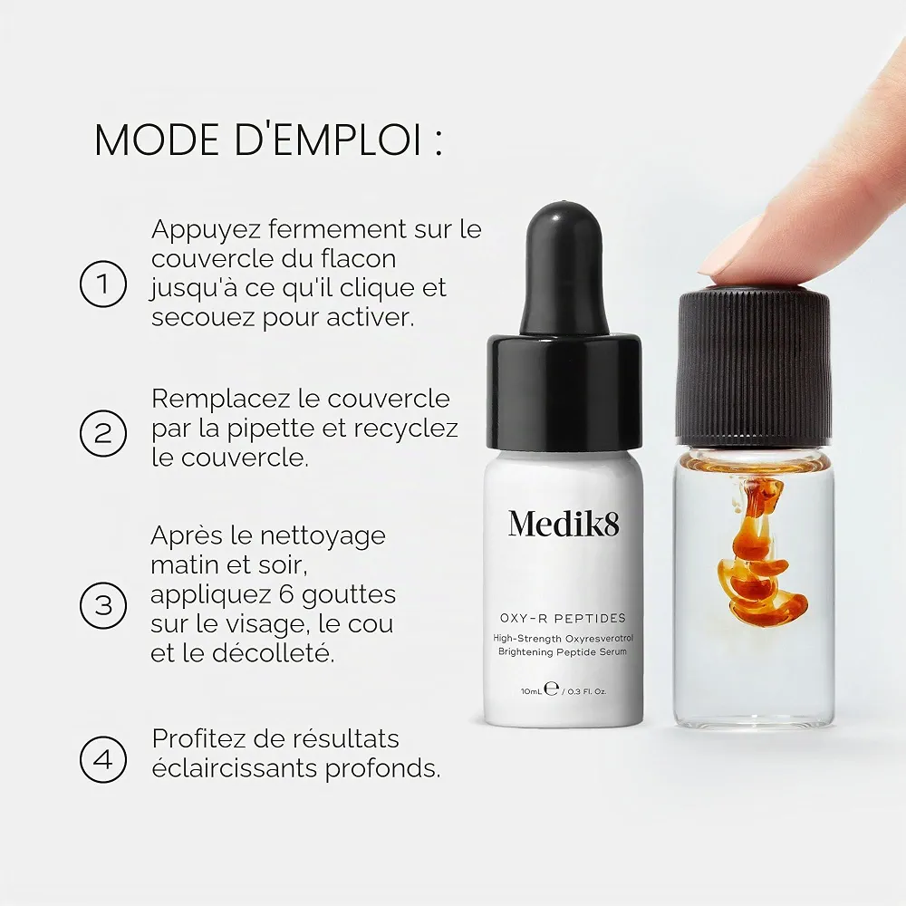 Medik8 Oxy-R Peptides – Sérum de peptide éclaircissant haute résistance 1% Oxyresvératrol avec acide hyaluronique – Éclaircit les taches brunes et la décoloration – 2 x 10 ml