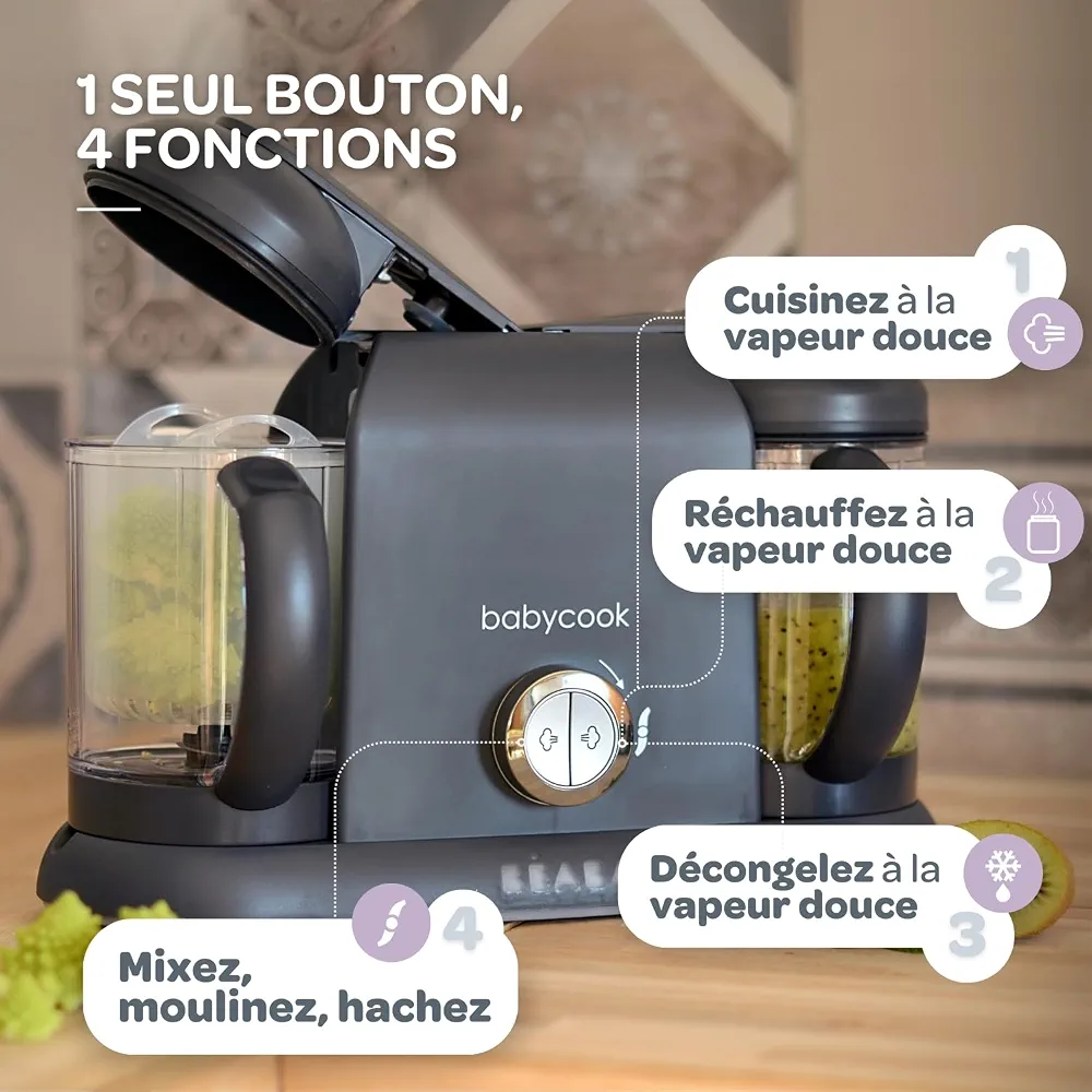 BÉABA, Babycook Duo, Robot Bébé 4 en 1 Mixeur-Cuiseur, Cuisson Vapeur rapide 15min, Diversification alimentaire, Petits pots bébé maison, Contenance XXL 2200 ml, Dark Grey