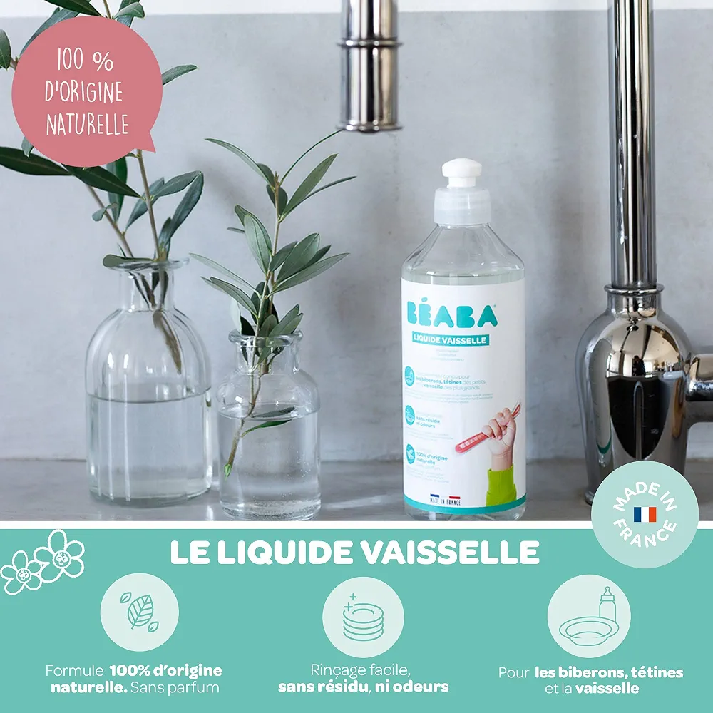 BÉABA, Liquide Vaisselle pour Biberons et Accessoires Repas, 100% d'Origine Naturelle, Made in France, Sans Parfum, Flacons 100% Lot de 2x500 ml