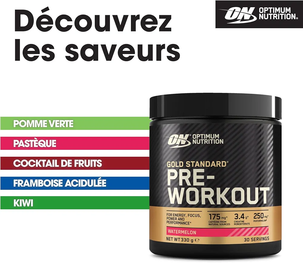 Optimum Nutrition Gold Standard Pre-Workout en Poudre, Boisson Énergétique Goût Pastèque, 330g, 30 Doses