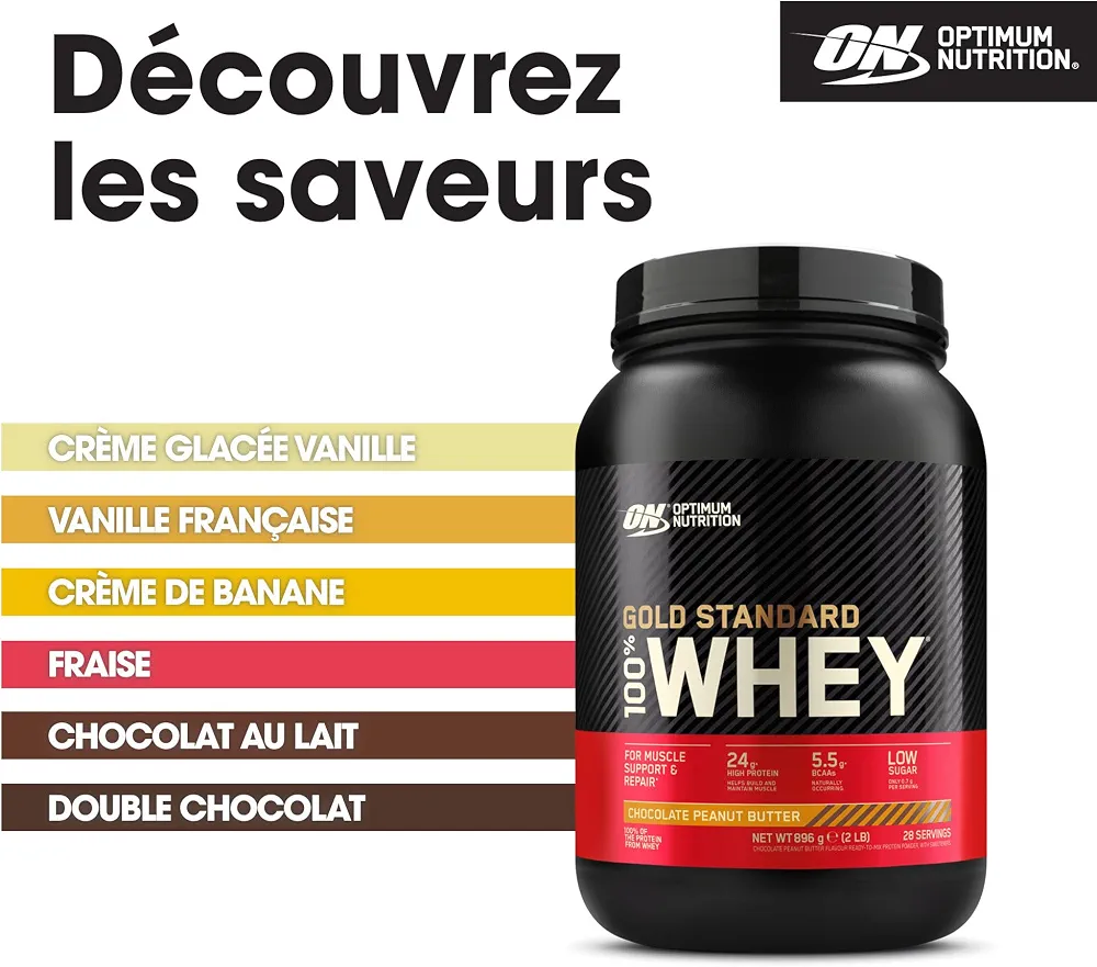 Optimum Nutrition Gold Standard 100% Whey Protéine en Poudre, 896 g | Chocolate Peanut Butter, 28 Portions, 24g de Protéines,BCAA,Soutient la Croissance et la Récupération Musculaires