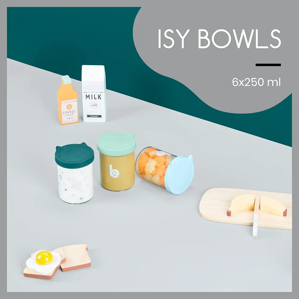 Babymoov ISY BOWLS - 9 Pots de Conservation en Verre Borosilicate Ultra Résistant, 6 Pots Gradués 250ml et 3 de 120ml, Hermétiques et 100% Recyclables