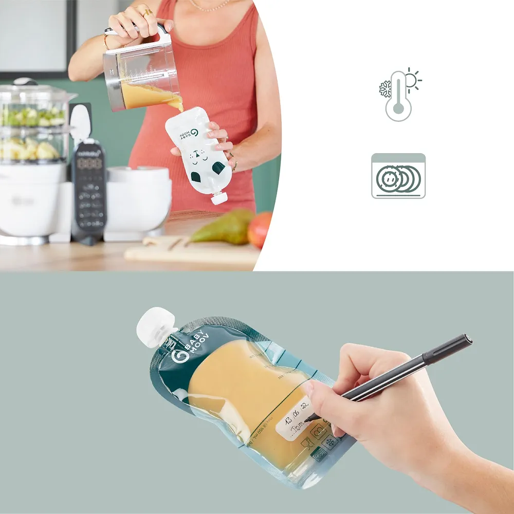 Babymoov 20 Gourdes Réutilisables pour Bébé et Enfant, Contenance 150ml, en Plastique Recyclé, sans BPA, 100% Hermétiques, Surface Réinscriptible