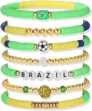 World Soccer Game-day Cup Bracelet Stack Set 7pcs Softball/Baseball/Basketball/Soccer/Volleyball/Tennis/Football Stretch Sports Fans Jewelry Sports Beaded Bracelets with Charms