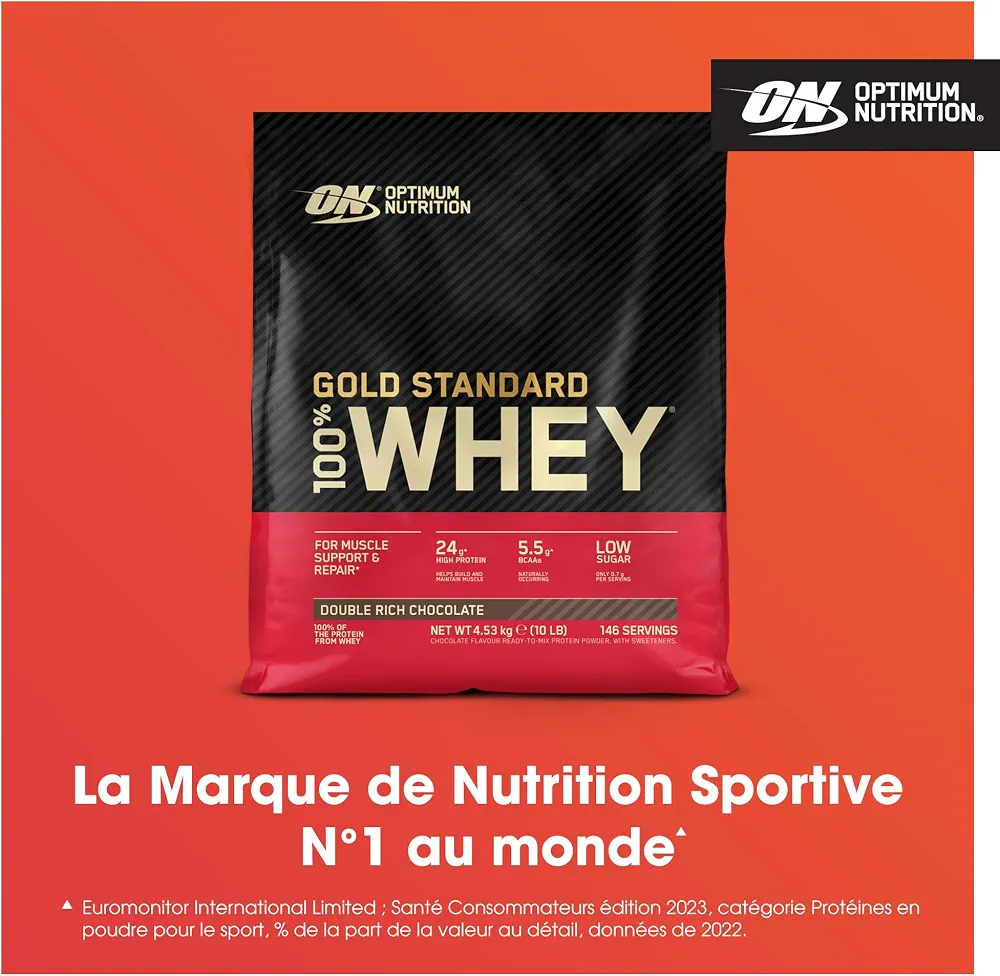 Optimum Nutrition Gold Standard 100% Whey Protéine en Poudre, 4,53 kg | Double Rich Chocolate, 146 Portions, 24g de Protéines,BCAA,Soutient la Croissance et la Récupération Musculaires