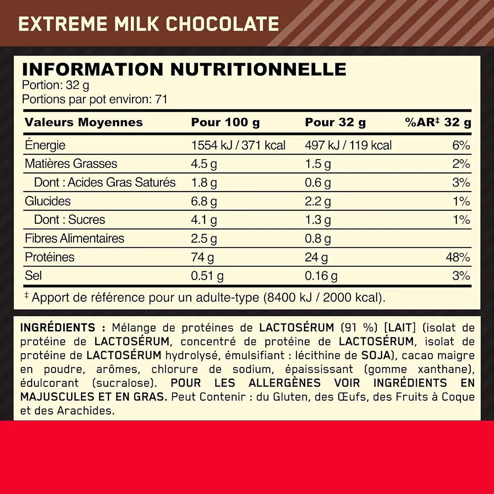 Optimum Nutrition Gold Standard 100% Whey Protéine en Poudre, 2,27 kg | Extreme Milk Chocolate, 71 Portions, 24g de Protéines,BCAA, Soutient la Croissance et la Récupération Musculaires