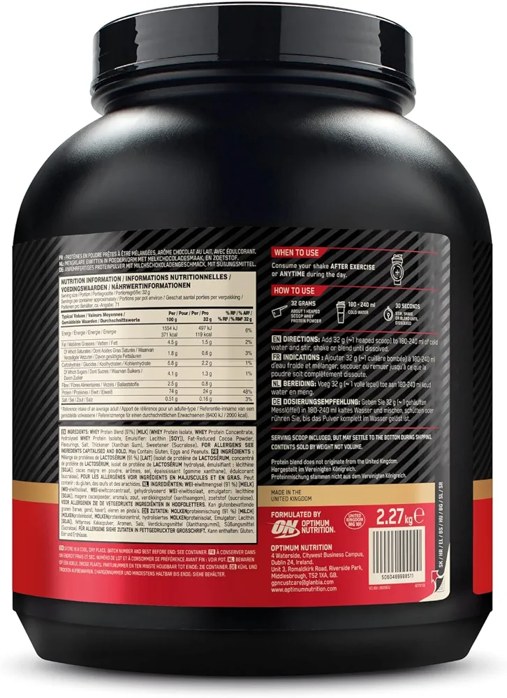 Optimum Nutrition Gold Standard 100% Whey Protéine en Poudre, 2,27 kg | Extreme Milk Chocolate, 71 Portions, 24g de Protéines,BCAA, Soutient la Croissance et la Récupération Musculaires
