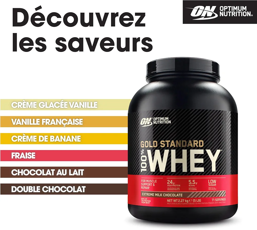 Optimum Nutrition Gold Standard 100% Whey Protéine en Poudre, 2,27 kg | Extreme Milk Chocolate, 71 Portions, 24g de Protéines,BCAA, Soutient la Croissance et la Récupération Musculaires