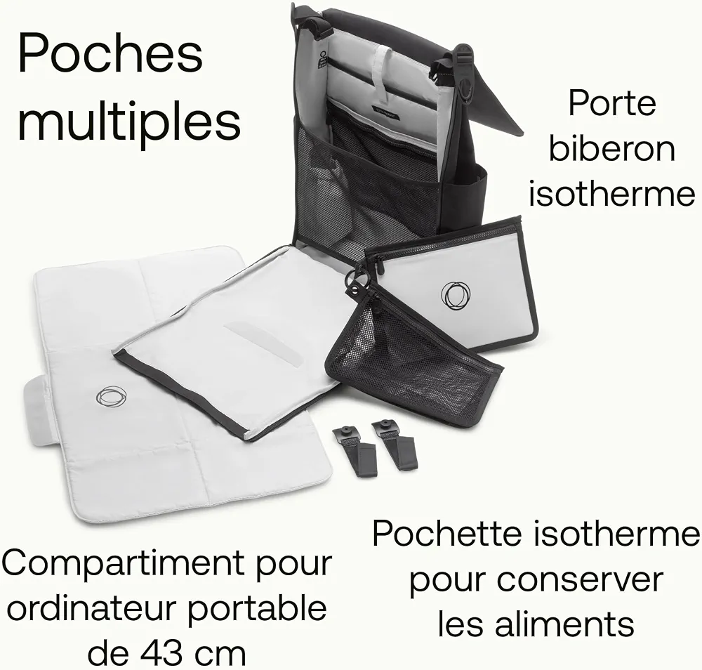 Bugaboo Sac à dos à langer, sac durable fabriqué à partir de matériaux recyclés, hydrofuge, facile à nettoyer, comprenant un matelas à langer et un porte-bouteille isotherme, Midnight Black