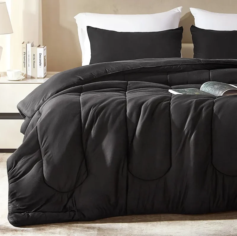 SLEEP ZONE Parure de lit 3 pièces en tricot jersey doux et respirant pour chambre à coucher, pour toutes les saisons, lavage en machine, entretien facile (noir, grand lit)