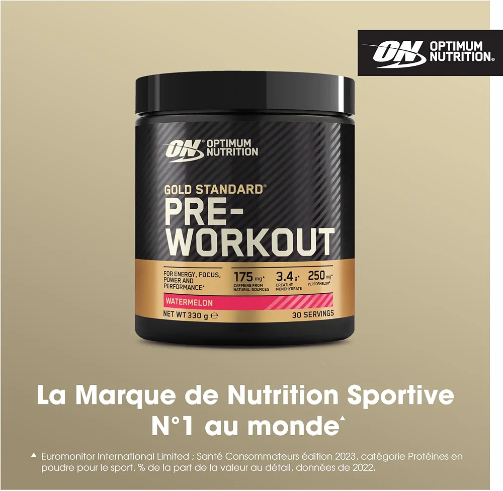 Optimum Nutrition Gold Standard Pre-Workout en Poudre, Boisson Énergétique Goût Pastèque, 330g, 30 Doses