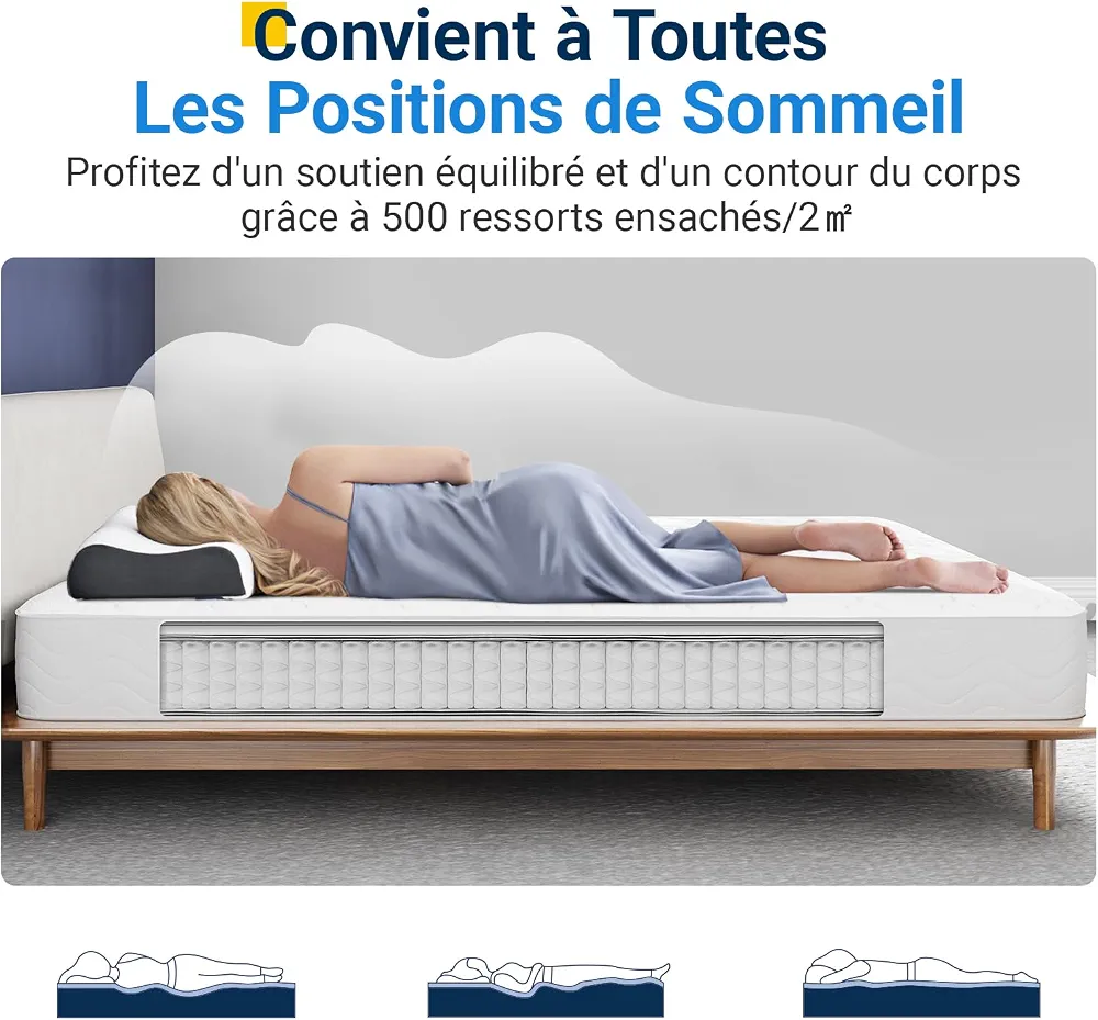 Avenco Matelas 90x190, 20CM, Matelas à Ressorts Ensachés, Mousse de Confort Double, Isolation des Mouvements, Certifié Sûr et Fiable par CertiPUR-US et Oeko-TEX, Soutien Lombaire | Soutien Ergonomique, Soulage les Tensions, Améliore le Sommeil, Épous