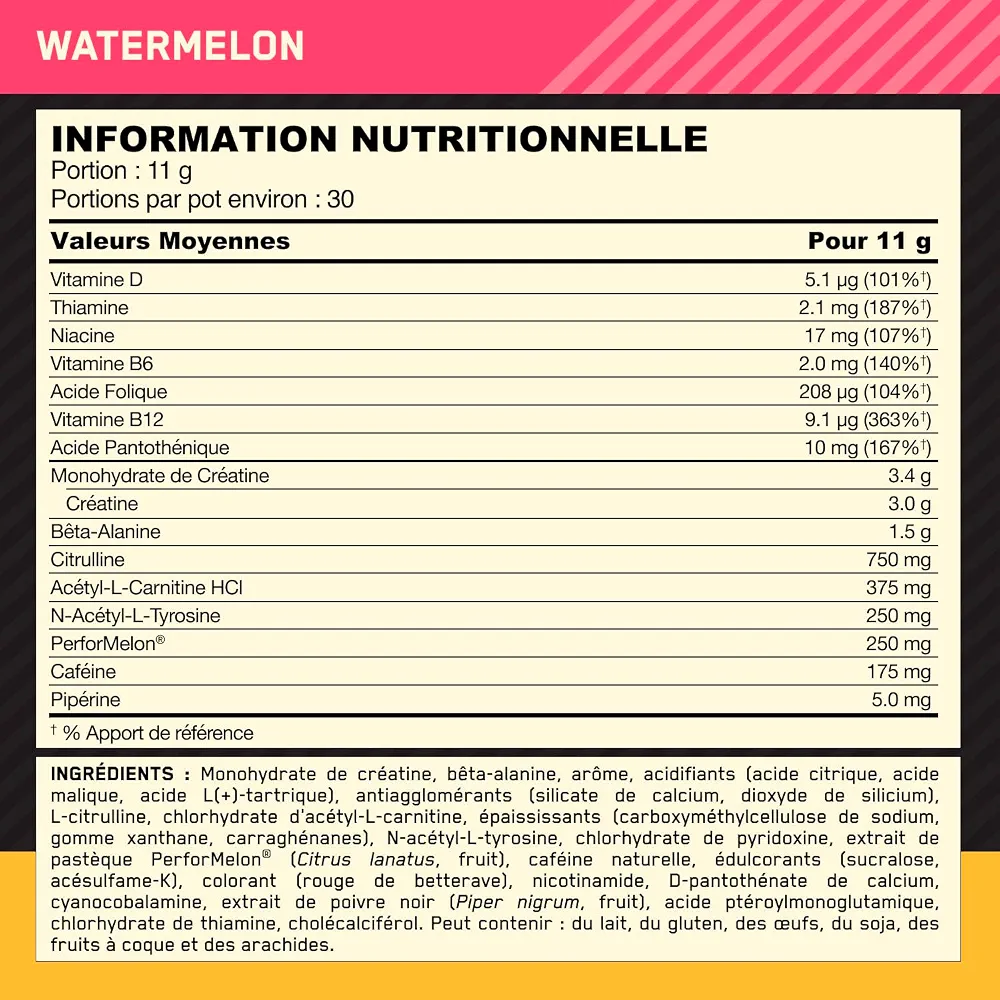 Optimum Nutrition Gold Standard Pre-Workout en Poudre, Boisson Énergétique Goût Pastèque, 330g, 30 Doses