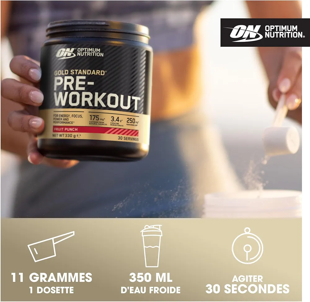 Optimum Nutrition Gold Standard Pre-Workout en Poudre, Boisson Énergétique Goût Pastèque, 330g, 30 Doses