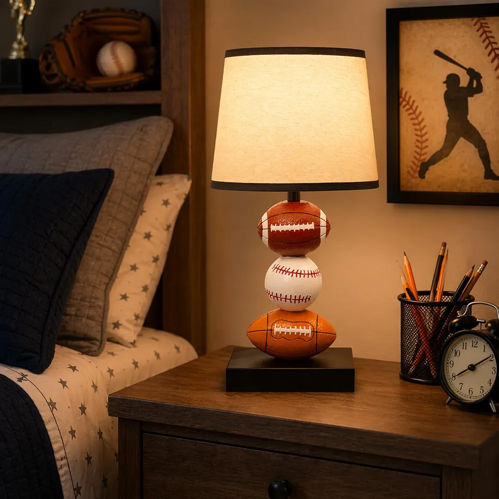 Ecliptix Kids Table Lamp, 14 Inch Rugby Football & Baseball Design with Cute Lampshade, Sports-Themed lamp Ideal for Children's Bedroom Decor, Bedside Lamp Includes LED Bulb