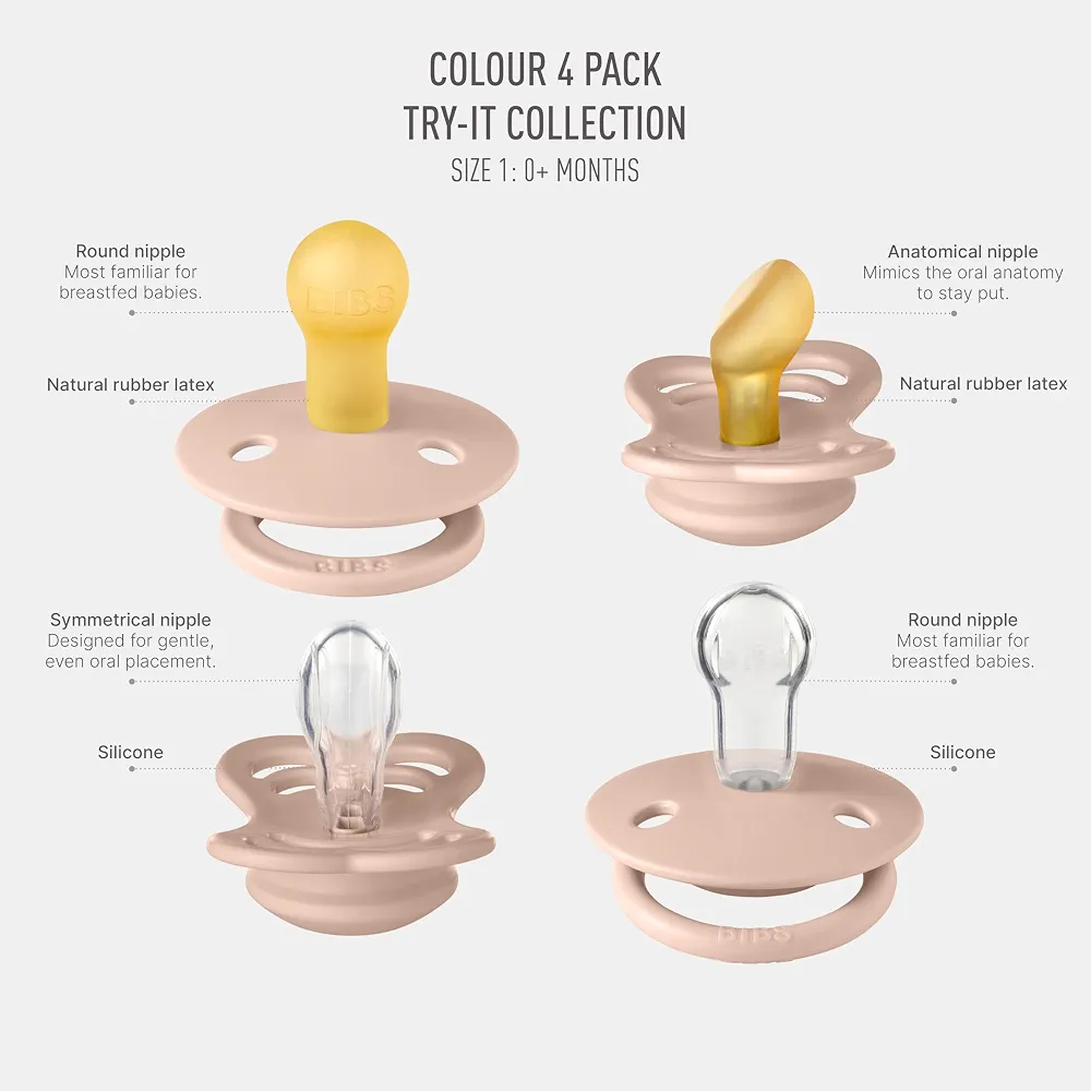 BIBS Try-it Tétine, 0-6 mois, 4-pack, téterelles variées, Blush