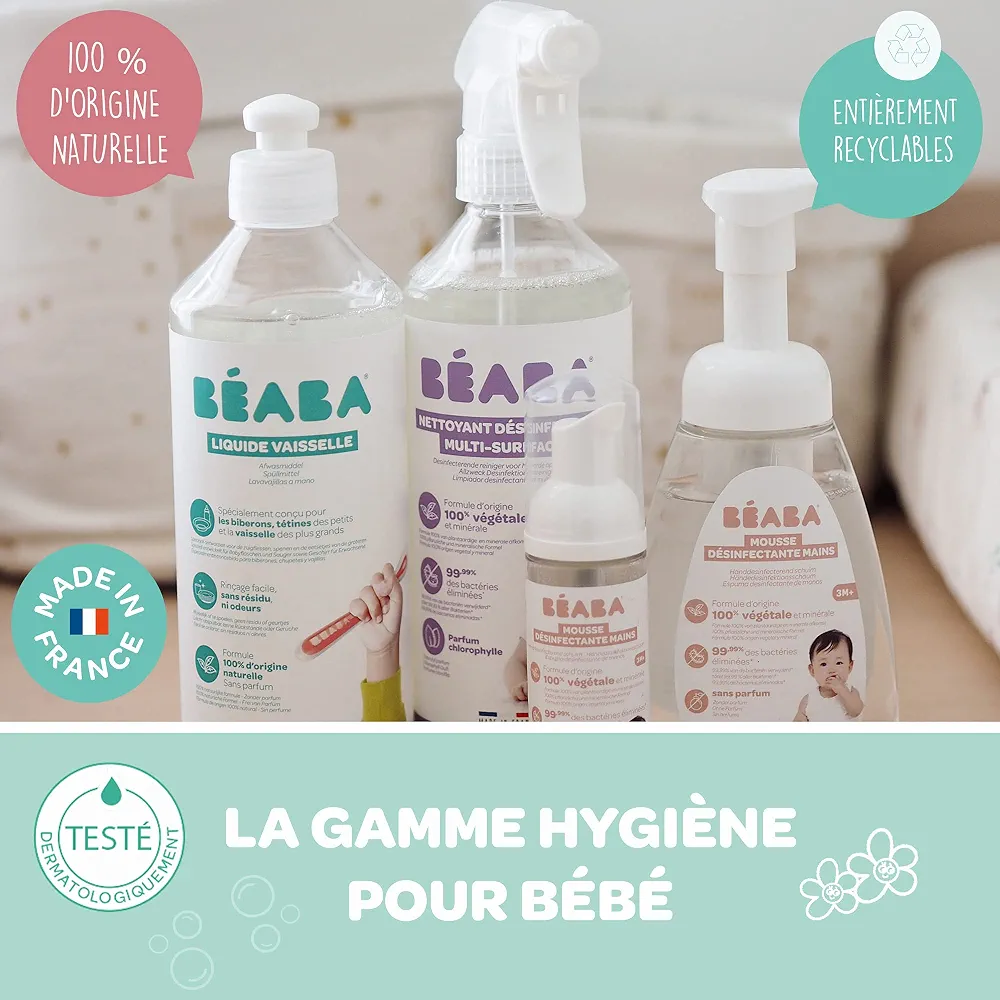 BÉABA, Liquide Vaisselle pour Biberons et Accessoires Repas, 100% d'Origine Naturelle, Made in France, Sans Parfum, Flacons 100% Lot de 2x500 ml