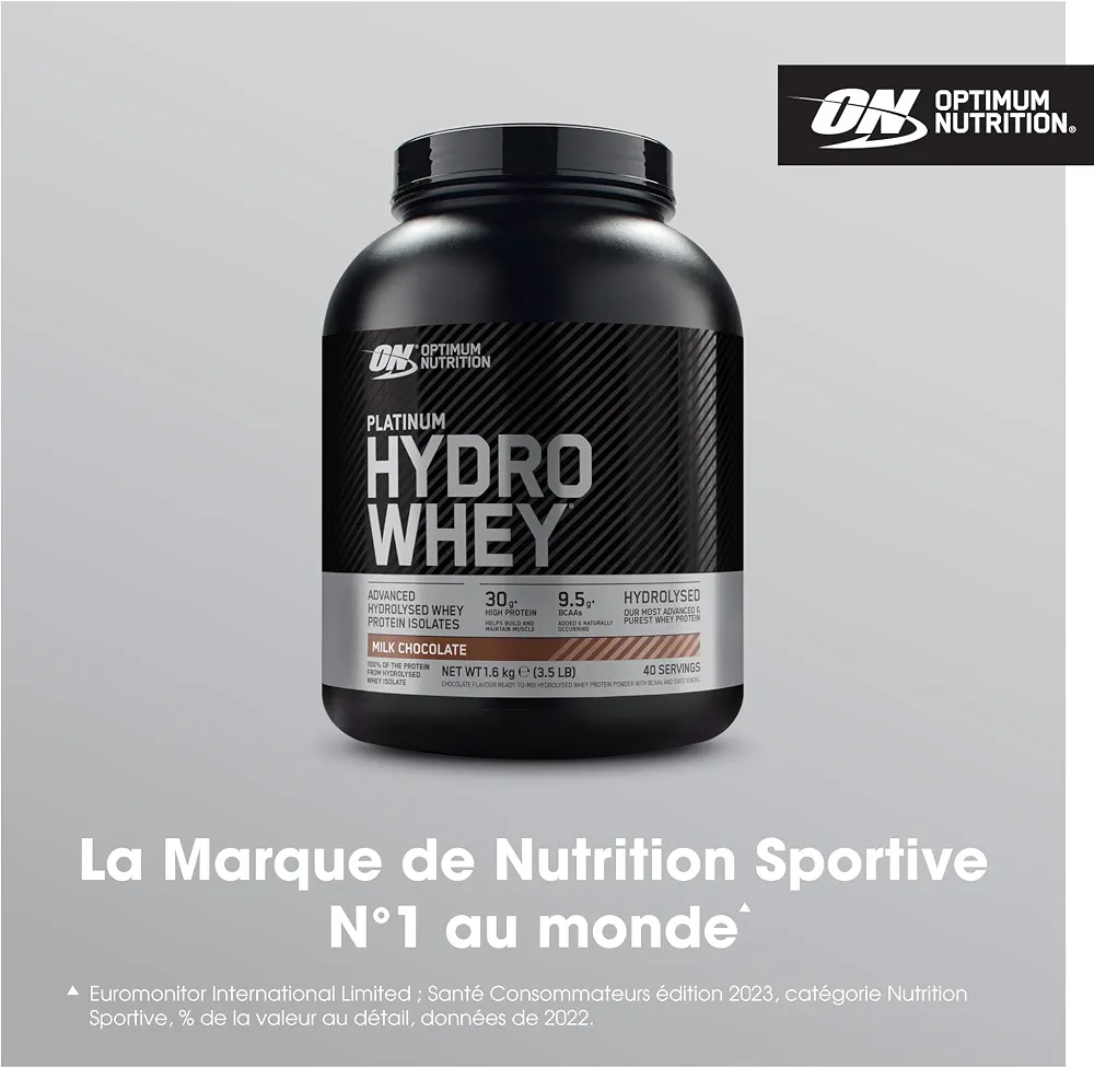 Optimum Nutrition Platinum Hydro Whey, Isolat de whey protéine hydrolysée en poudre avec acides aminés essentiels, glutamine et BCAA, goût Chocolat au lait, 40 portions, 1,6 kg