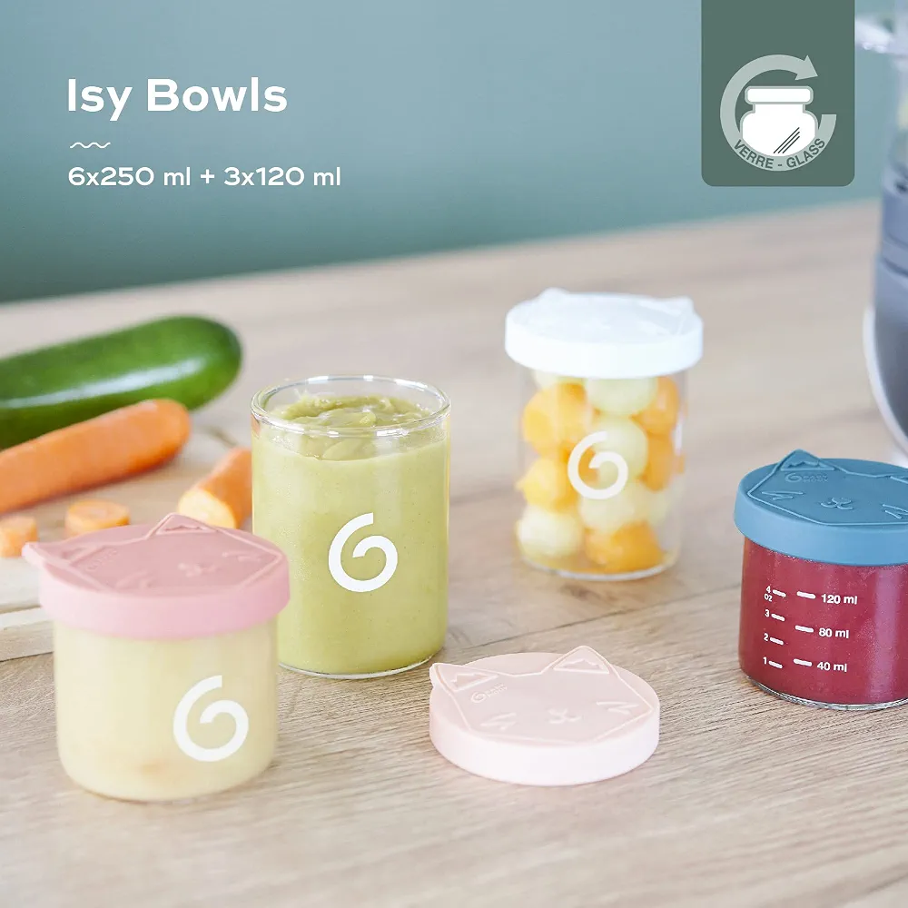 Babymoov ISY BOWLS - 9 Pots de Conservation en Verre Borosilicate Ultra Résistant, 6 Pots Gradués 250ml et 3 de 120ml, Hermétiques et 100% Recyclables