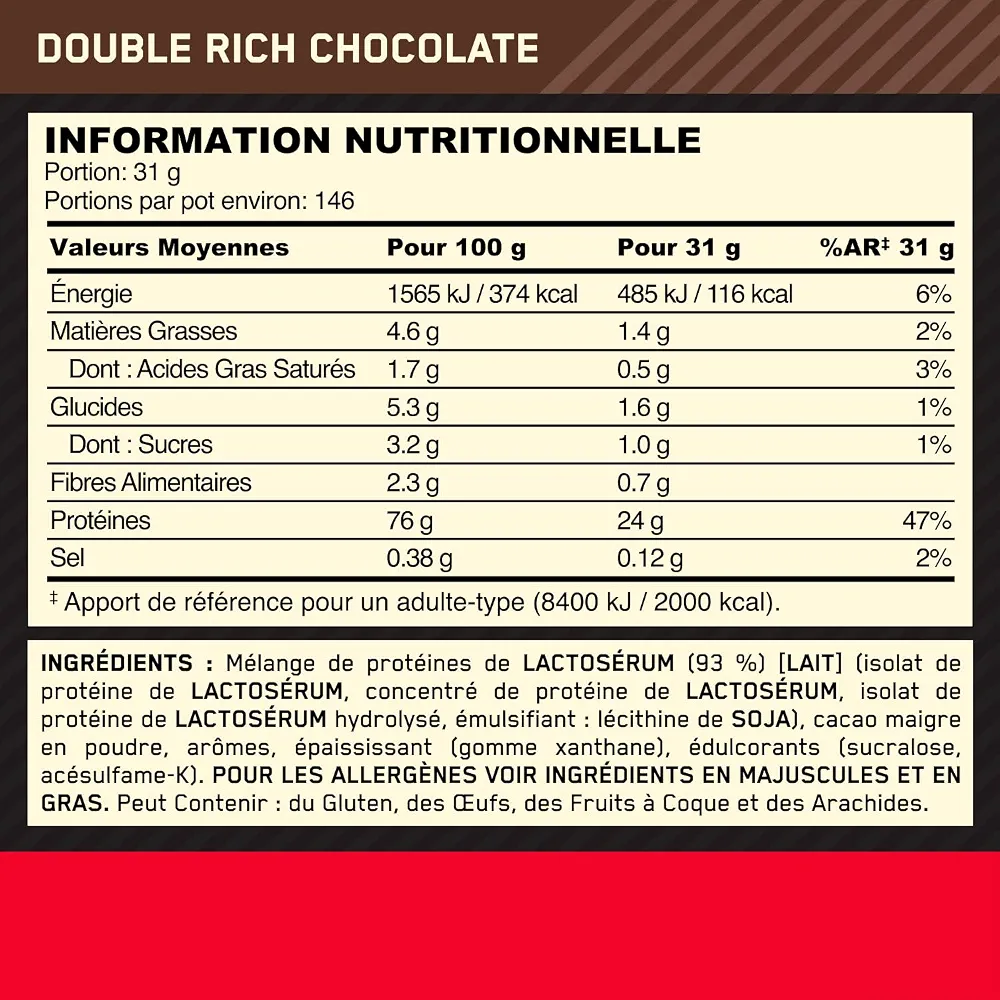 Optimum Nutrition Gold Standard 100% Whey Protéine en Poudre, 4,53 kg | Double Rich Chocolate, 146 Portions, 24g de Protéines,BCAA,Soutient la Croissance et la Récupération Musculaires