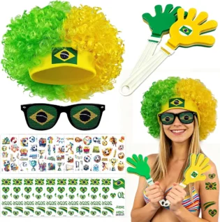 2026 Soccer Patriotic Set, Brazil Flag Color Wig, Party Glasses, 2Pcs Hand Clappers, 22Pcs Waterproof Stickers, Ideal Gift for Football Lovers and Brazil Fans