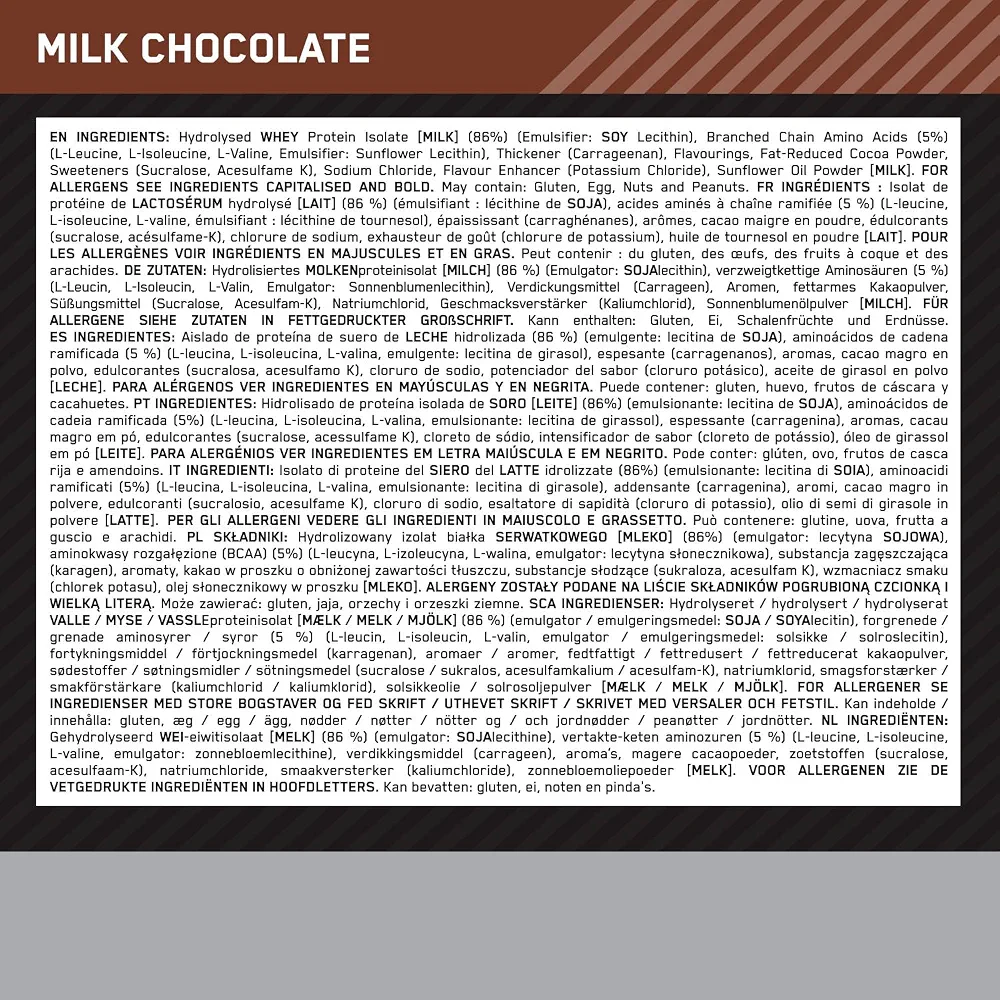 Optimum Nutrition Platinum Hydro Whey, Isolat de whey protéine hydrolysée en poudre avec acides aminés essentiels, glutamine et BCAA, goût Chocolat au lait, 40 portions, 1,6 kg