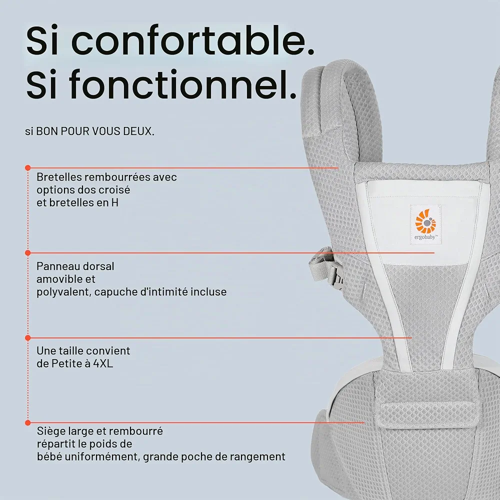Porte-bébé Ergobaby Alta Hip Seat avec siège de hanche pour bébés et jeunes enfants à partir de 4 mois (5,5 kg - 20,4 kg), porte-bébé avec siège de hanche en Mesh SoftFlex, Pearl Grey