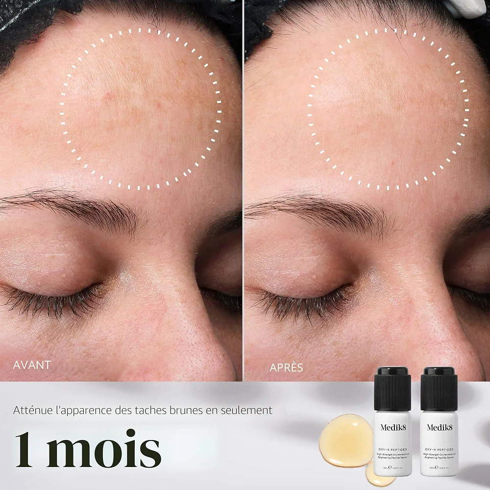 Medik8 Oxy-R Peptides – Sérum de peptide éclaircissant haute résistance 1% Oxyresvératrol avec acide hyaluronique – Éclaircit les taches brunes et la décoloration – 2 x 10 ml