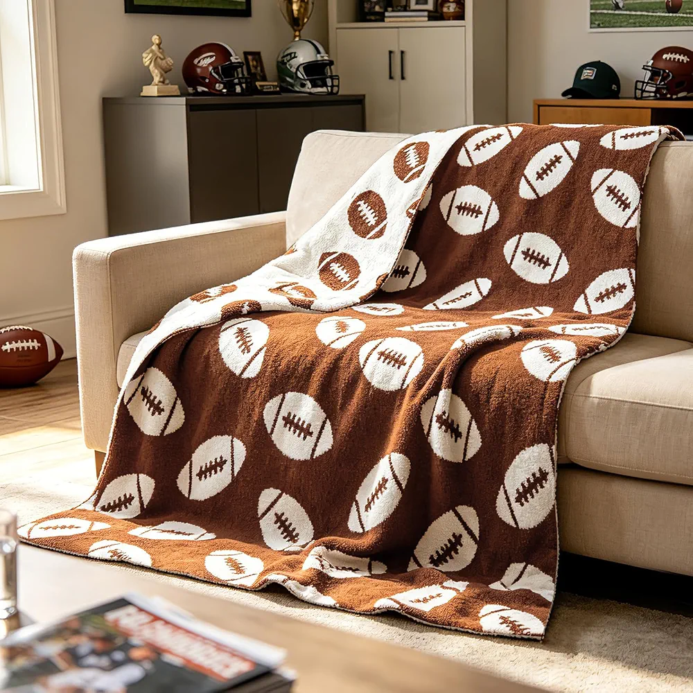 EVERLORIA Football Throw Blanket 50"x60", Soft Plush Fleece Rugby Blankets for Couch Bed, Cozy Football Knitted Blanket Game Day Room Decor, Sports Fan Gift Blankets for Teen Boys Kids Friend, Brown