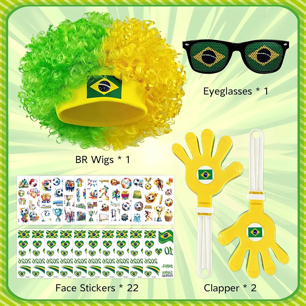 2026 Soccer Patriotic Set, Brazil Flag Color Wig, Party Glasses, 2Pcs Hand Clappers, 22Pcs Waterproof Stickers, Ideal Gift for Football Lovers and Brazil Fans