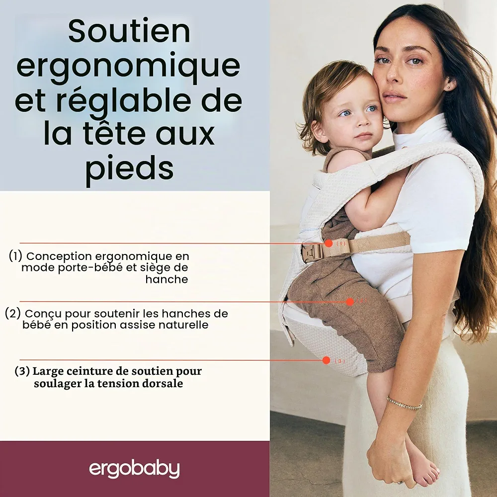 Porte-bébé Ergobaby Alta Hip Seat avec siège de hanche pour bébés et jeunes enfants à partir de 4 mois (5,5 kg - 20,4 kg), porte-bébé avec siège de hanche en Mesh SoftFlex, Pearl Grey
