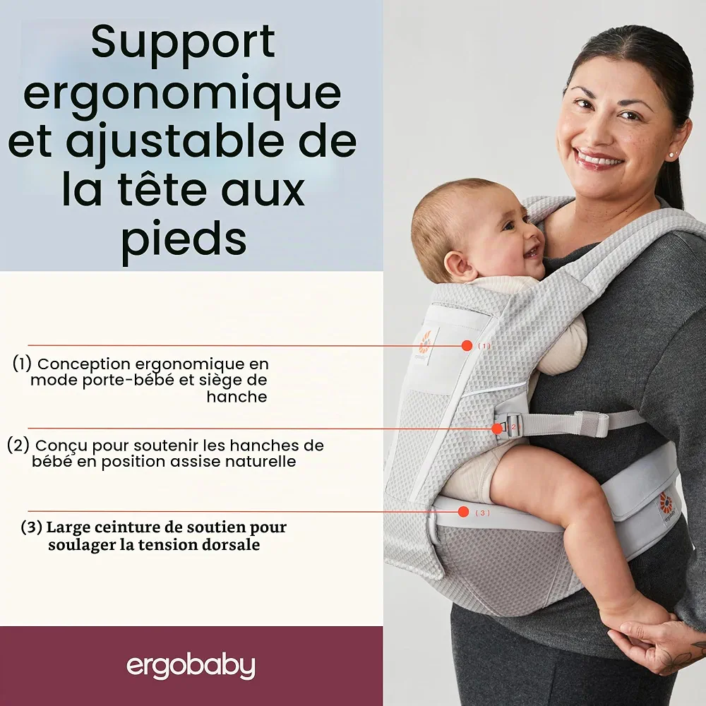 Porte-bébé Ergobaby Alta Hip Seat avec siège de hanche pour bébés et jeunes enfants à partir de 4 mois (5,5 kg - 20,4 kg), porte-bébé avec siège de hanche en Mesh SoftFlex, Pearl Grey