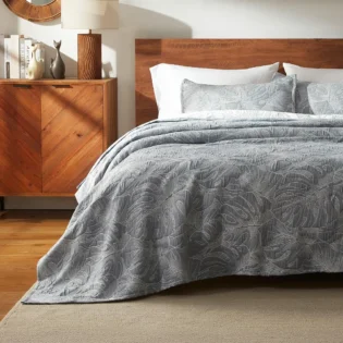 SLEEP ZONE Parure de lit 2 pièces avec couette jacquard ultra douce et légère pour toutes les saisons - 172,7 x 218,4 cm, motif feuilles grises
