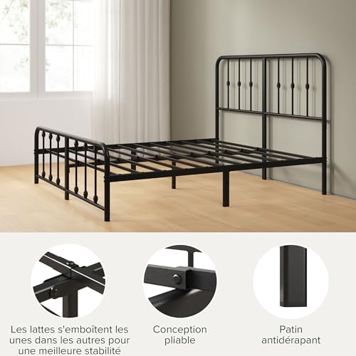 Zinus Florence Sommier 140x190 cm avec Lattes en Métal - Cadre & Tête de Lit 2 Personnes en Métal Robuste - Hauteur 35 cm pour Rangement - Montage Facile - Noir - Image 7