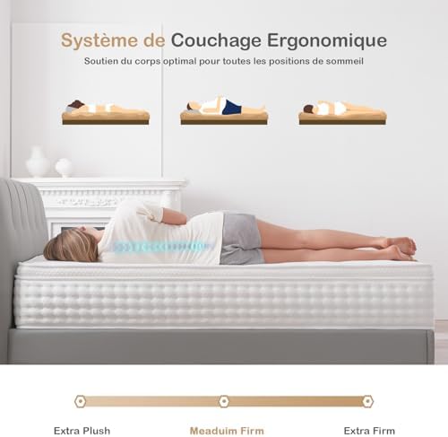 Hiepunos Matelas Hybride 180x200 cm, 26 cm, H3 Mi-Ferme, 7 Zones de Confort - Image 4