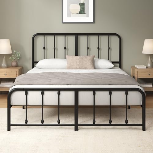 Zinus Florence Sommier 140x190 cm avec Lattes en Métal - Cadre & Tête de Lit 2 Personnes en Métal Robuste - Hauteur 35 cm pour Rangement - Montage Facile - Noir