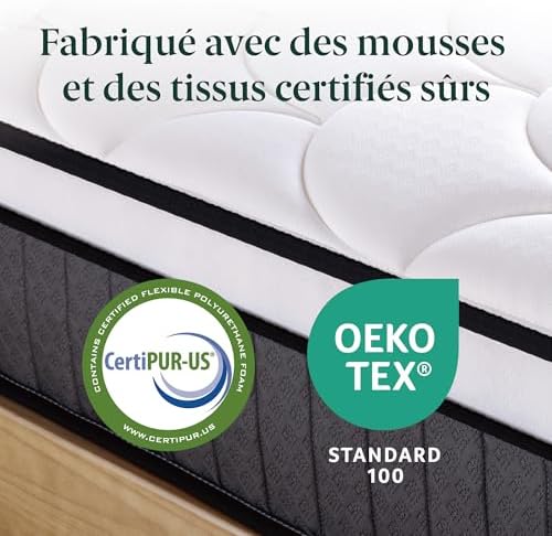 Zinus Matelas 140x190 cm Memoire de Forme - Épaisseur 25 cm - Matelas 2 Places - Hybride Mousse & Ressorts Ensachés - Durable & Respirant - Certifié Oeko-TEX - Image 6