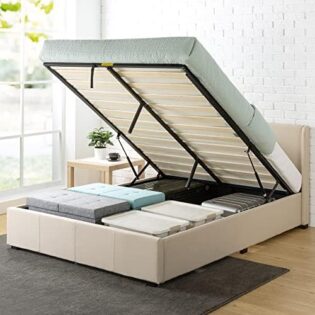 518F1mqlZKL._AC_SL1000_.jpg Zinus Maddon Lit Coffre 160x200 cm - Hauteur 31 cm - Système de Levage Hydraulique - Tête & Cadre de Lit Double en Bois tapissier - Beige