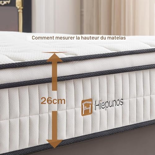 Hiepunos Matelas 140 x 200 cm, Épaisseur 26cm, Hybride Matelas en Mousse à mémoire de Forme à Ressorts ensachés Indépendants, 7 Zones de Confort, H3 H4 Moyenne Ferme, Durable, Soutien Parfait - Image 8
