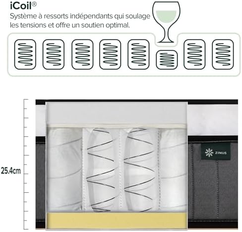 Zinus Matelas 140x190 cm Memoire de Forme - Épaisseur 25 cm - Matelas 2 Places - Hybride Mousse & Ressorts Ensachés - Durable & Respirant - Certifié Oeko-TEX - Image 7