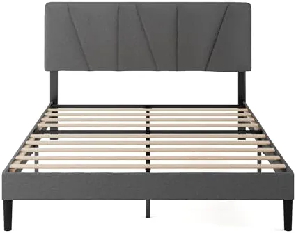 Zinus Maya Sommier 140x190 cm avec Lattes en Bois - Hauteur 30 cm - Cadre & Tête de Lit 2 Personnes Tapissier - Montage Facile - Gris Foncé