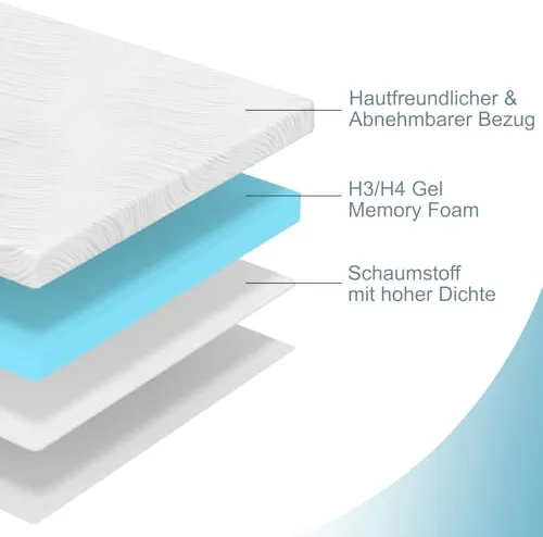 Hiimgo Surmatelas en gel 180 x 200 cm H3/H4 - Hauteur 10 cm - En mousse froide - Avec housse lavable - Pour lit à sommier tapissier, canapé-lit