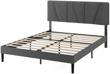 Zinus Maya Sommier 140x190 cm avec Lattes en Bois - Hauteur 30 cm - Cadre & Tête de Lit 2 Personnes Tapissier - Montage Facile - Gris Foncé