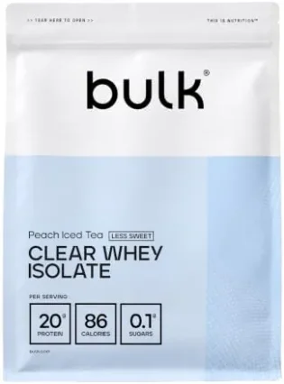 Bulk Clear Whey Isolate Moins Sucré | Thé Glacé Pêche | 20g de Protéines par Portion | Faible en Sucre | Saveur Fruitée | 86 Calories | Absorption Rapide | Boisson Protéinée | 500g